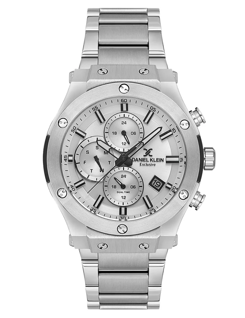 DANIEL KLEIN Men's Stainless Steel Silver Brass Case Analog Silver Round Sunray Dial Japanese Quartz Exclusive 50 Meters Water Resistant
